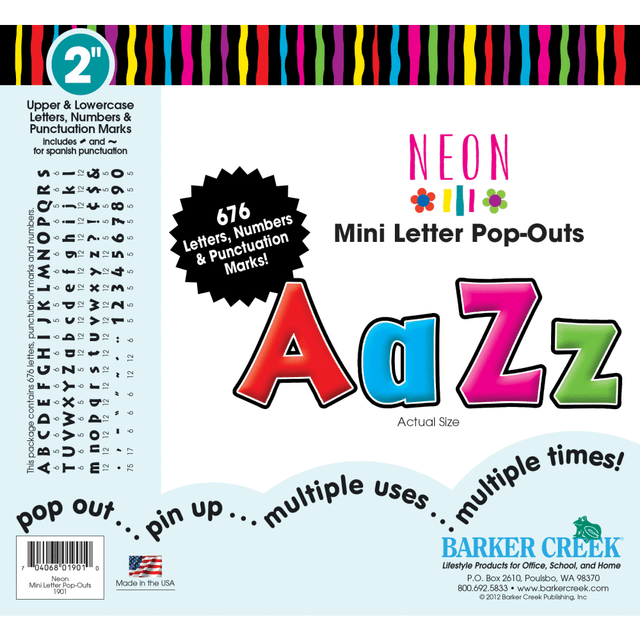 BARKER CREEK PUBLISHING, INC. LL1901 Barker Creek Letter Pop-Outs, 2in, Neon, Set Of 676