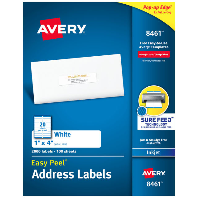 AVERY PRODUCTS CORPORATION 8461 Avery Easy Peel Address Labels With Sure Feed Technology, 8461, Rectangle, 1in x 4in, White, Box Of 2,000 AVERY PRODUCTS CORPORATION 8461 Avery Easy Peel Address Labels With Sure Feed Technology, 8461, Rectangle, 1in x 4in, White, Box Of 2,000