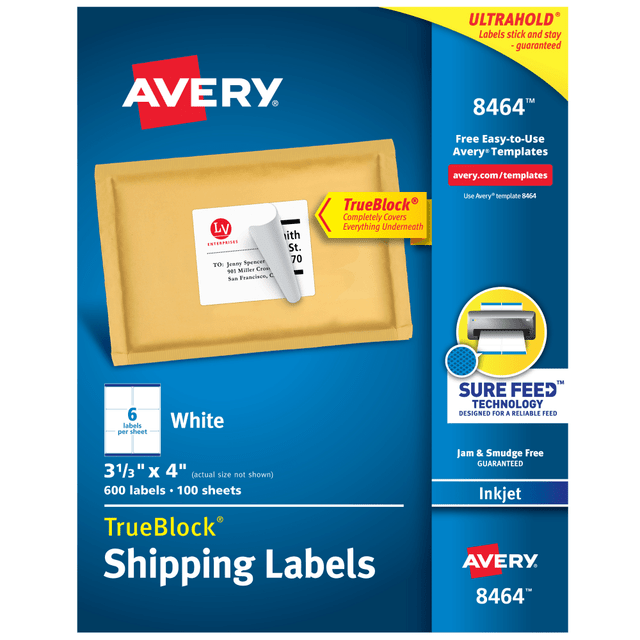 AVERY PRODUCTS CORPORATION 8464 Avery TrueBlock Permanent Inkjet Shipping Labels, 8464, 3 1/3in x 4in, White, Pack Of 600 AVERY PRODUCTS CORPORATION 8464 Avery TrueBlock Permanent Inkjet Shipping Labels, 8464, 3 1/3in x 4in, White, Pack Of 600