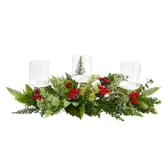 NEARLY NATURAL INC. A1866 Nearly Natural 5inH Holiday Winter Greenery And Berries Triple Candle Holder Artificial Christmas Table Arrangement, 5inH x 20inW x 4inD, Clear/Green/Red