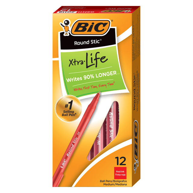 BIC CORP GSM11-RED BIC Round Stic Ballpoint Pens, Medium Point, 1.0 mm, Translucent Barrel, Red Ink, Pack Of 12 BIC CORP GSM11-RED BIC Round Stic Ballpoint Pens, Medium Point, 1.0 mm, Translucent Barrel, Red Ink, Pack Of 12