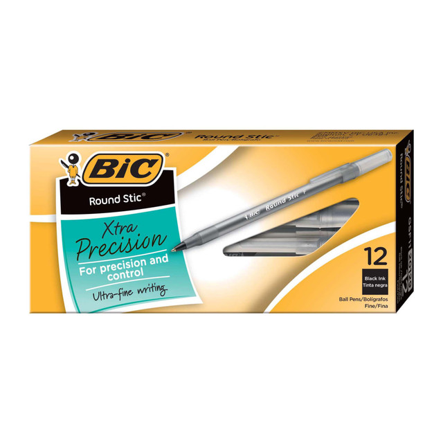 BIC CORP GSF11-BLK BIC Round Stic Ballpoint Pens, Fine Point, 0.8 mm, Translucent Barrel, Black Ink, Pack Of 12 BIC CORP GSF11-BLK BIC Round Stic Ballpoint Pens, Fine Point, 0.8 mm, Translucent Barrel, Black Ink, Pack Of 12