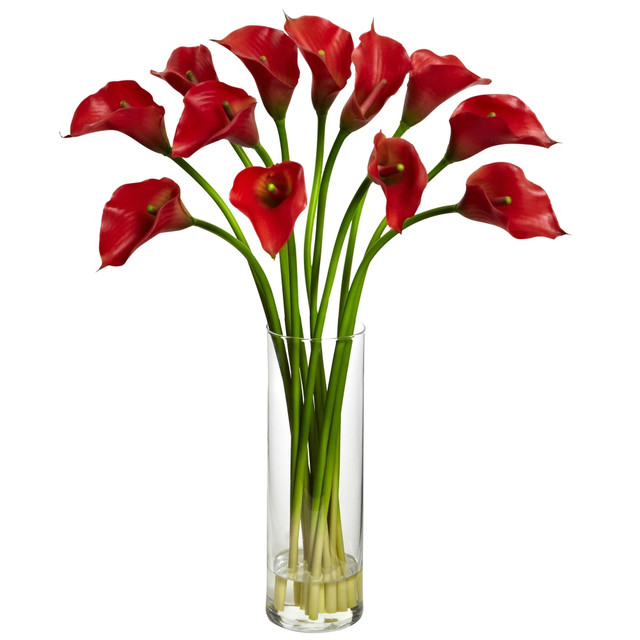 NEARLY NATURAL INC. 1187-RD Nearly Natural Mini Calla Lily 20inH Plastic Silk Flower Arrangement With Vase, 20inH x 15inW x 15inD, Red