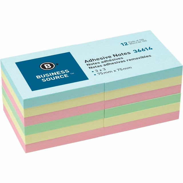 SP RICHARDS 36614 Business Source 3in Plain Pastel Colors Adhesive Notes - 100 - 3in Flag/Note Width x 3in Flag/Note Length - Square - Assorted - Repositionable, Solvent-free Adhesive - 12 / Pack SP RICHARDS 36614 Business Source 3in Plain Pastel Colors Adhesive Notes - 100 - 3in Flag/Note Width x 3in Flag/Note Length - Square - Assorted - Repositionable, Solvent-free Adhesive - 12 / Pack