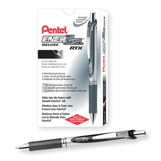 PENTEL OF AMERICA, LTD. Pentel BL77ADZ  EnerGel Retractable Liquid Gel Pens, Medium Point, 0.7 mm, Silver Barrel, Black Ink, Pack Of 12