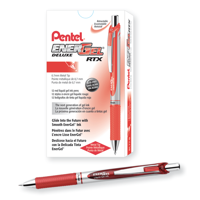 PENTEL OF AMERICA, LTD. Pentel BL77BDZ  EnerGel Retractable Liquid Gel Pens, Medium Point, 0.7 mm, Silver Barrel, Red Ink, Pack Of 12