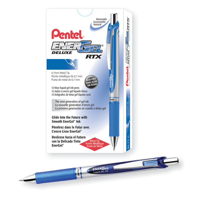 Featuring special ink formulation, these Pentel EnerGel pens combine the best of gel with the best of liquid. The smooth-flowing formula glides over paper without blots or smudges, so your notes are clear and easy to read when you are reviewing them.  Quick-drying gel ink wonT smear. Vivid, flowing ink dries quickly without blotting or smudging. Acid-free formula wonT fade over time or affect the pH level of your paper.  Soft rubber grip cushions your fingers. The beautiful chrome barrel is accented with a soothing rubber grip to alleviate hand stress and cramping.  "Pocket-proof" clip prevents leakage. The tips on these retractable gel pens automatically retract when the pen is clipped to a pocket, notebook or folder.  Refillable for continued use.  0.7 mm medium point for clear, crisp, precise lines.  Retractable pen with blue ink is great for everyday use at home, school or the office.  Refillable - designed to be used repeatedly, helping you avoid single-use disposables and potentially save money.  Contains Recycled Content - See Specs for Details.