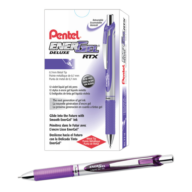Featuring special ink formulation, these Pentel EnerGel pens combine the best of gel with the best of liquid. The smooth-flowing formula glides over paper without blots or smudges, so your notes are clear and easy to read when you are reviewing them.  Quick-drying gel ink wonT smear. Vivid, flowing ink dries quickly without blotting or smudging. Acid-free formula wonT fade over time or affect the pH level of your paper.  Soft rubber grip cushions your fingers. The beautiful chrome barrel is accented with a soothing rubber grip to alleviate hand stress and cramping.  "Pocket-proof" clip prevents leakage. The tips on these retractable gel pens automatically retract when the pen is clipped to a pocket, notebook or folder.  Refillable for continued use.  0.7 mm medium point for clear, crisp, precise lines.  Retractable pen with violet ink adds a vibrant splash of color to your notes and memos.  Refillable - designed to be used repeatedly, helping you avoid single-use disposables and potentially save money.  Contains Recycled Content - See Specs for Details.