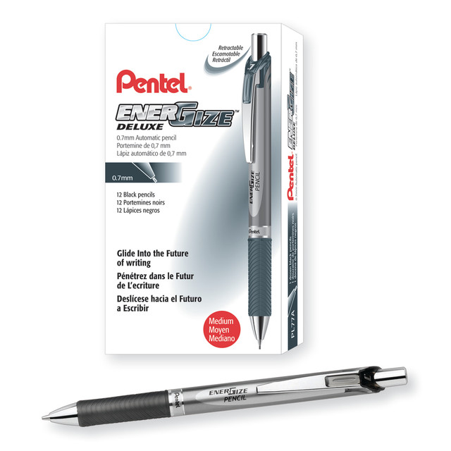 Side-advance button quickly advances lead for a seamless writing experience.  Slider extends and retracts the included latex-free eraser. Eraser resists smudging and helps prevent paper tears.  Rubberized grip for enhanced comfort.  Preloaded with Pentel Super Hi-Polymer HB lead.  Backed by the manufacturers limited lifetime warranty.  Black/silver 0.7 mm pencil provides a striking look.  Refillable - designed to be used repeatedly, helping you avoid single-use disposables and potentially save money.