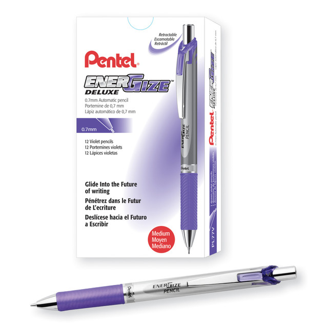 Get ready for tests and appointments with this pack of Pentel EnerGize mechanical pencils. The slim barrel with a textured comfort grip enables precise, controlled writing, while the HB lead produces dark, consistent lines for professional-quality documents. These refillable Pentel EnerGize mechanical pencils feature a pocket clip for easy portability, and the silver barrel lets you monitor the lead supply.  Slim barrel is easy to hold.  Pentel Super High Polymer lead resists breakage.  Textured, latex-free grip provides extended writing comfort.  Violet/silver 0.7 mm pencil provides an attention-grabbing look.  Refillable - designed to be used repeatedly, helping you avoid single-use disposables and potentially save money.