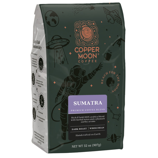 GLOBAL MARKETING PARTNERS 260144 Copper Moon World Coffees Whole Bean Coffee, Sumatra, 2 Lb Per Bag, Carton Of 4 Bags