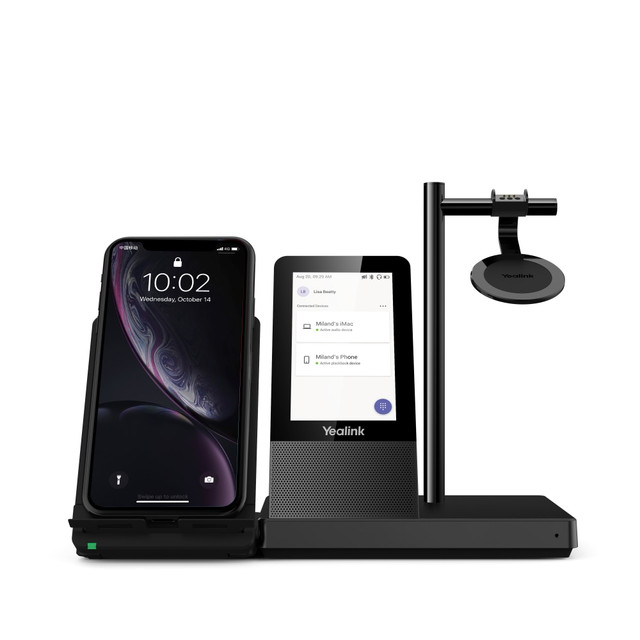 Compatible with Microsoft Teams, this office headset can help you stay on track. The wireless headset features a bold touch-screen display to help you manage calls and supports busylight.  4in capacitive touch screen offers 480 x 800 resolution.  Speakerphone lets the whole team to converse.  Wireless charger to add power to mobile phones.  Office phone headset with a 2-port USB 3.0 hub.  Yealink Acoustic Shield Technology helps protect against acoustic injury.  Compatible with Microsoft Teams. Supports busylight.  Backed by the manufacturers 1-year limited warranty.  Black for a classic look.