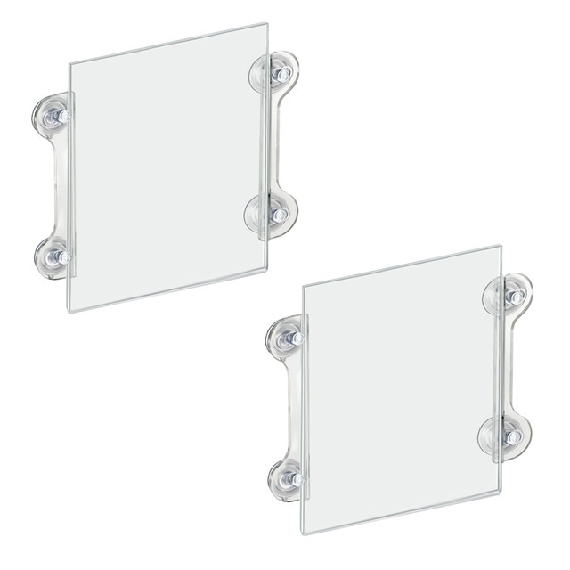 These Clear Acrylic Window Sign Holders with Suction Cups are very popular for retail stores, schools, and businesses. The high quality suction cups ensure long-term holding power. For best results, apply to a clean, non-porous surface. The sign holders with suction cups are double sided and ideal for glass doors and windows. Easily print your graphic or message and insert into the sign holder to keep it protected from the elements. You can use both sides at the same time to post signage that will be visible on either side of the glass window or door. Simply insert your document on the top or side of the sign holder and swap out easily without taking the signs down. Let customers know you are open and display your store hours on your door entrance. Advertise a new promotion or display important information so your customers can see it on the way in and out of your store. Give directive for delivery and curbside pickup that is highly visible to your customers. These glass mount suction cup sign holders comes with suction cups that have been field tested and proven to hold long term when used on non-porous surfaces such as glass. The new suction cup design is sleek and modern and the clear transparent unit will match any decor. Versatile and easy to use.  Made from high quality acrylic.  Sold in packs of 2.  Graphics are top loaded.  Designed to hold signs measuring 11in x 8 1/2in.