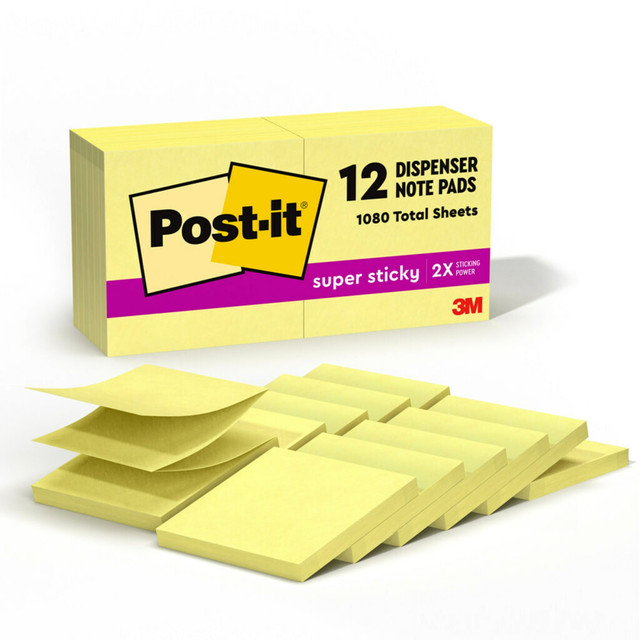 Cut through the clutter with the iconic Canary Yellow Post-it Super Sticky Notes. Whether jotting down your daily to-dos, brainstorming big ideas, studying or setting reminders, colors and ideas are always brighter together. These sticky notes feature 2X the sticking power and are accordion-style notes that work to refill Post-it Note Dispensers. They also stick and re-stick - allowing you to move your notes with you throughout your day. They"re ideal for walls, doors, windows and other vertical surfaces, and like all Post-it Notes, they stick securely yet remove cleanly without damage. Keep your ideas across your notebooks, classroom books, calendars or other documents. No tape or tacks are needed with adhesive notes, saving you money and time on office products or school supplies. A great memo pad, these are ideal for using for notes or reminders to yourself or others. Post-it Super Sticky Notes are the perfect solution for shopping lists, reminders, notes on computer screens, time tracking, to-do lists, marking cables, color-coding documents, reminding kids to do chores, storyboarding, scratch paper and agile processing. These sticky notes are the iconic Canary Yellow.  EXPERIENCE THE POWER OF 2X STICKINESS: Post-it Super Sticky Notes offer twice the sticking power of basic sticky notes, ensuring they stay put and wonT fall off  STICK AND RESTICK ANYWHERE: These accordion-style notes refill your Post-it Note Dispensers and adhere firmly to walls, windows, doors, and other vertical surfaces, allowing you to move your reminders with ease  VERSATILE AND ESSENTIAL: Post-it Super Sticky Notes are the perfect solution for shopping lists, reminders, to-do lists, color-coding, labeling, family chore reminders, brainstorming, storyboarding, and quick notes  VARIOUS SIZES AND SHAPES: Available in different sizes, with or without lines, to cater to your specific needs  EXPLORE OUR COLLECTIONS: With 11 color collections, the Post-it Brand offers a wide range of options to suit every style and preference, whether at home, in school, or at the office  ENHANCE YOUR NOTE-TAKING EXPERIENCE: Download the free Post-it App on your smartphone or tablet to enjoy the simplicity and convenience of Post-it Notes anytime and anywhere  VALUE-PACKED CONVENIENCE: Each pack includes 12 pads of 3 in. x 3 in. notes, with 90 sheets per pad, providing an ample supply for your office, work area, or classroom  EYE-CATCHING COLORS: Vibrant and colorful reminders are more likely to grab attention and be noticed  ICONIC CANARY YELLOW: The color that started it all  TRUST THE ORIGINAL CREATOR: Made in the USA with globally sourced materials, the one and only Post-it Note was invented over 40 years ago by the Post-it Brand  SUSTAINABILITY: Post-it Super Sticky Notes can be recycled