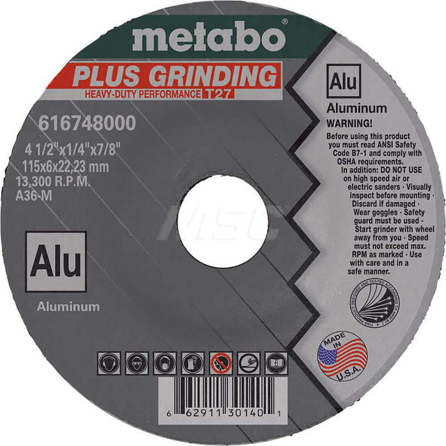 Metabo US616748000 Depressed Center Wheel: Type 27, 4-1/2" Dia, 1/4" Thick, 7/8" Hole, Aluminum Oxide