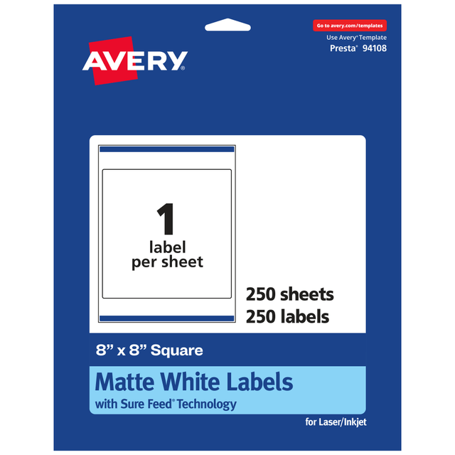 AVERY PRODUCTS CORPORATION 94108-WMP250 Avery Permanent Labels With Sure Feed, 94108-WMP250, Square, 8in x 8in, White, Pack Of 250 AVERY PRODUCTS CORPORATION 94108-WMP250 Avery Permanent Labels With Sure Feed, 94108-WMP250, Square, 8in x 8in, White, Pack Of 250