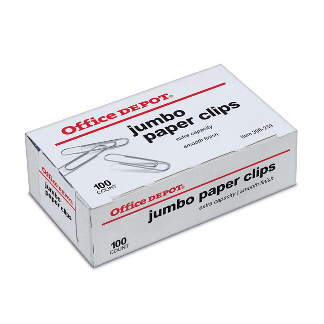 Add Office Depot Brand Paper Clips to your desk, office or craft cabinet. They are made from durable metal wire to provide strong gripping power when you need it most.  Strong metal construction.  Ideal for paperwork, recipes, coupons and more.  Jumbo, paper clips ideal for home, work or school.  Each clip holds up to 20 sheets.
