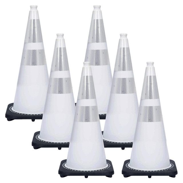 Mr. Chain 97571-6 Traffic Cones; Cone Type: Traffic Cone with Base ; Color: White ; Cone Material: PVC ; Base Material: Rubber ; Reflective Collars: Yes ; Reflective Bands: Yes