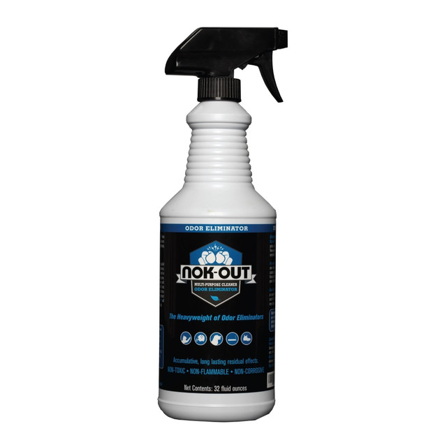 Take care of unwanted odors from pets with NOK OUT pet deodorizer and cleaning spray. This cleaner uses a non-abrasive formula with chlorine dioxide to eliminate odors at their source.  Kills up to 99.9% of all harmful germs on a variety of surfaces.  Helps resolve strong smells caused by humans or pets.  Non-abrasive formula uses chlorine dioxide to wipe out odors.  No wiping or scrubbing necessary, simply spray and walk away.