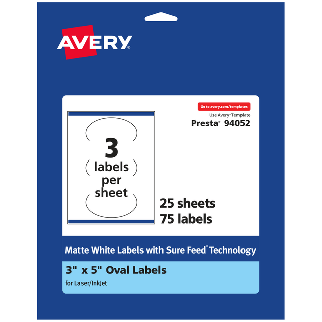 AVERY PRODUCTS CORPORATION 94052-WMP25 Avery Permanent Labels With Sure Feed, 94052-WMP25, Oval, 3in x 5in, White, Pack Of 75 AVERY PRODUCTS CORPORATION 94052-WMP25 Avery Permanent Labels With Sure Feed, 94052-WMP25, Oval, 3in x 5in, White, Pack Of 75