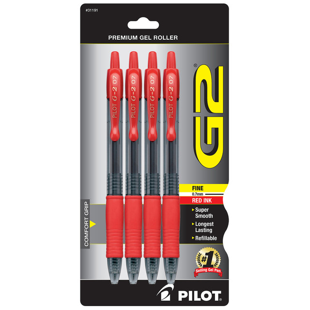 Premium Gel Roller  G2 is Americas #1 selling, longest lasting, smooth writing gel ink pen brand  Available in more than 25 vivid colors and 4 point sizes  Comfortable grip, refillable & retractable  There is red ink in this fine-point pen pack of 4.  Refillable - designed to be used repeatedly, helping you avoid single-use disposables and potentially save money.