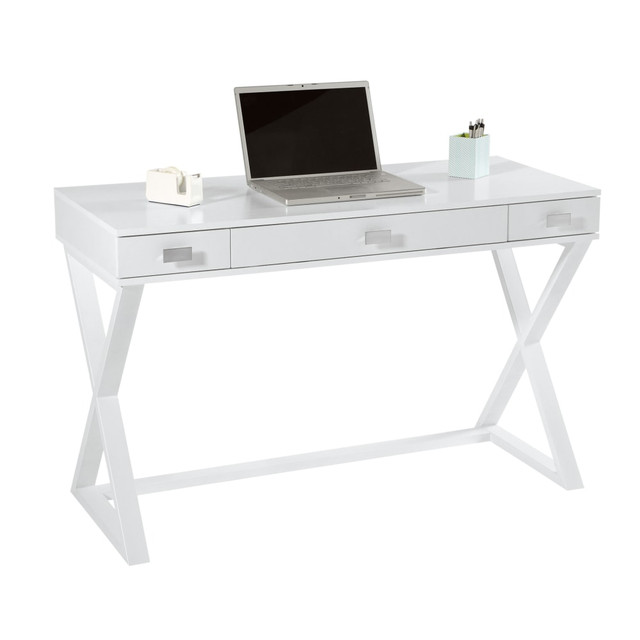 If you are looking for a writing desk for a small space, look no further than the Realspace Keri 48inW Writing Desk. With flat satin hardware, the contemporary home office desk adds a stylish look to your workspace. You can spread out papers, your laptop and other essentials on the spacious worksurface. You will also be able to organize your workday materials and tools with this computer desk with storage, which features 3 desk drawers to hold your items.  Engineered wood construction offers durability.  3 desk drawers.  Hardware features a flat satin appearance.  Small desk (48in wide or smaller) - recommended for a small or shared space.  Assembly required.  Features a white finish with silver hardware.  Tested to meet ANSI/BIFMA Performance Standards - Manufacturer testing has been conducted on this product to meet specific performance requirements and safety standards set forth by the American National Standards Institute (ANSI) and the Business and Institutional Furniture Manufacturers.  This product is heavy and/or oversized and may need more than one person to handle.  Interested in in-home assembly? Please call our certified and insured professional assemblers 866-388-4350 today!