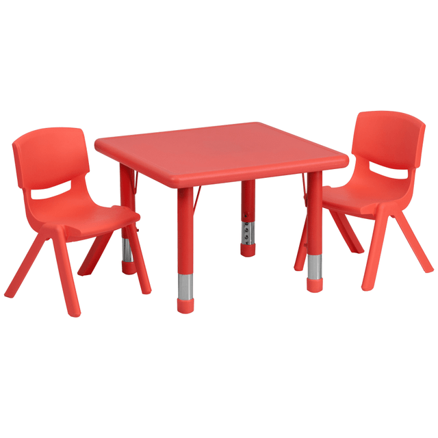 Children will love learning, playing and crafting at this Flash Furniture Square Activity Table Set. The plastic table is crafted with a textured top and safety rounded corners, making it ideal for your preschool, daycare, church or home learning environment. Children can find a comfortable seat in the plastic chairs, which feature a contoured shell. As your little learners grow, you can adjust the table height.  Plastic construction.  1-1/2in-thick textured top with safety rounded corners.  Height-adjustable steel legs adjust in 1in increments.  Table adjusts in height from 14-1/2in to 23-3/4in.  Chairs are crafted with a contoured polypropylene shell.  10-1/2in seat height.  Weight capacity tested to support 220 lb (table) and 154 lb (chair).  Assembly required.