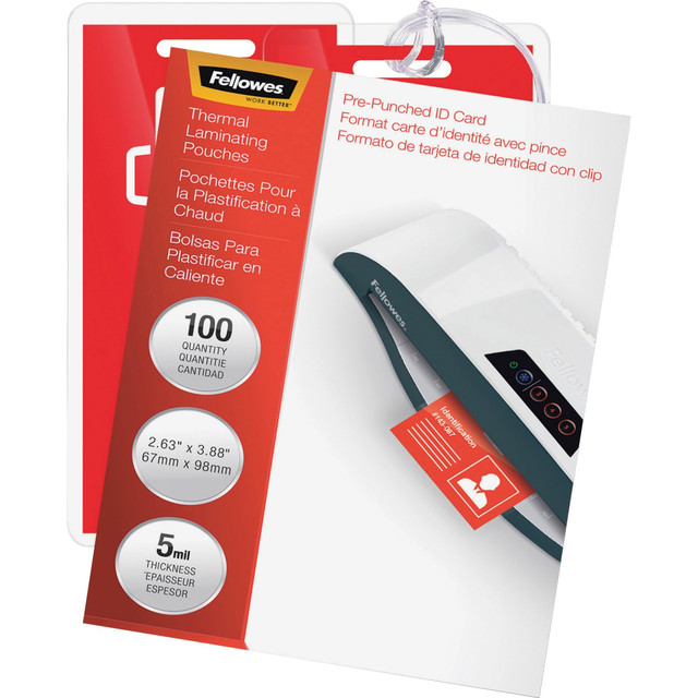 FELLOWES INC. Fellowes 52016  Punched ID Card Glossy Thermal Laminating Pouches - Laminating Pouch/Sheet Size: 3.88in Width x 5 mil Thickness - Glossy - for Document, ID Badge, ID Card - Durable, Pre-punched - Clear - 100 / Pack