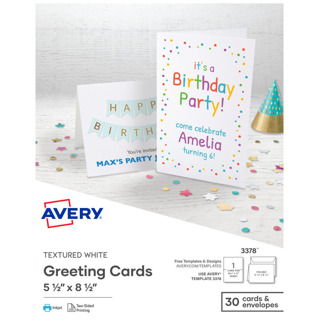 AVERY PRODUCTS CORPORATION 3378 Avery Half-Fold Textured Printable Greeting Cards, 5.5in x 8.5in, White, 30 Blank Cards With Envelopes