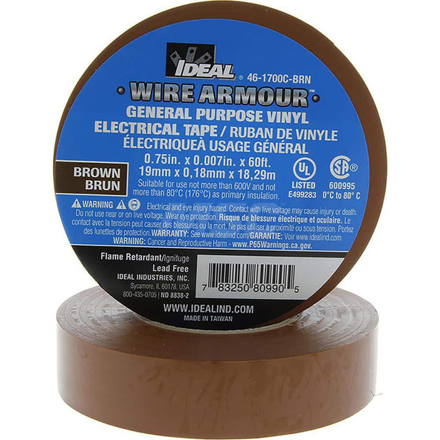 Ideal 46-1700C-BRN Vinyl Film Electrical Tape: 3/4" Wide, 66' Long, 7 mil Thick, Brown