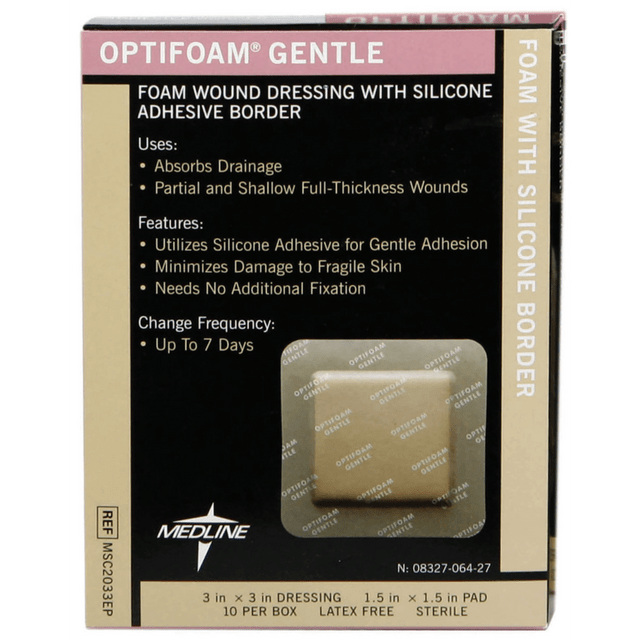 MEDLINE INDUSTRIES, INC. MSC2033EPZ Optifoam Gentle Border Adhesive Dressings, 3in x 3in, Tan, Box Of 10 MEDLINE INDUSTRIES, INC. MSC2033EPZ Optifoam Gentle Border Adhesive Dressings, 3in x 3in, Tan, Box Of 10