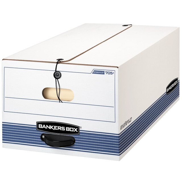 FELLOWES INC. 70506 Bankers Box Stor/File FastFold Medium-Duty Storage Boxes With String & Button Closure and Built-In Handles, Legal Size, 24D x 15in x 10in, 60% Recycled, White/Blue, Case Of 4 FELLOWES INC. 70506 Bankers Box Stor/File FastFold Medium-Duty Storage Boxes With String & Button Closure and Built-In Handles, Legal Size, 24D x 15in x 10in, 60% Recycled, White/Blue, Case Of 4