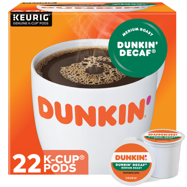Wake up with the Dunkin Donuts Decaf Single-Serve Coffee K-Cup. Savor the rich, smooth flavor with each sip.  Medium roast delivers a delicious taste.  K-Cup works with compatible single-serve Keurig brewers.  Decaf coffee lets you enjoy the classic flavor without the caffeine.  TASTE: The Original Blend flavor you love without the caffeine. A rich, smooth, tasty blend with a mellow finish.  ROAST: Medium roast, 100% Arabica coffee that's certified Orthodox Union Kosher  CONVENIENCE: Enjoy the great taste of Dunkin' coffee - at home!  COMPATIBILITY: Contains genuine Keurig K-Cup pods, engineered for guaranteed quality and compatibility with all Keurig K-Cup coffee makers.  RECYCLABLE* K-CUP PODS: Simple. Delicious. And Recyclable. Enjoy the same great-tasting coffee you know and love, and when you're done just peel, empty and recycle. *Check locally, not recycled in all communities. Packaging may vary.