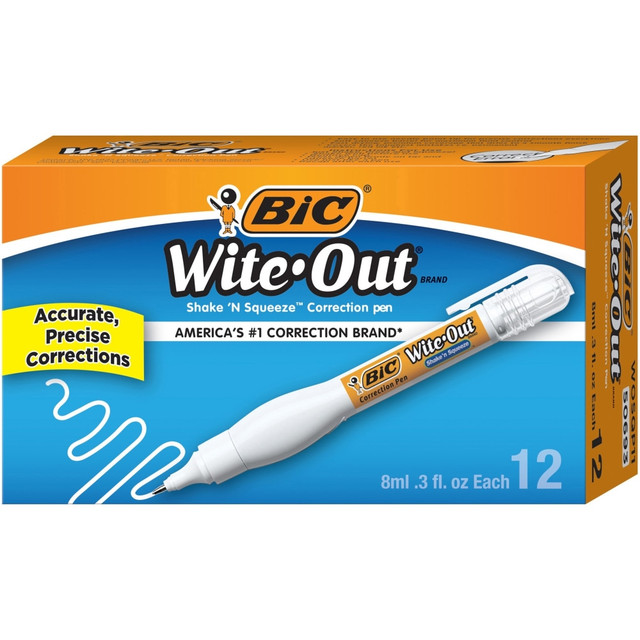 BIC CORP Wite-Out WOSQP11BX  Shake N Squeeze Correction Pen - Pen Applicator - 8 mL - White - Fast-drying - 12 / Box
