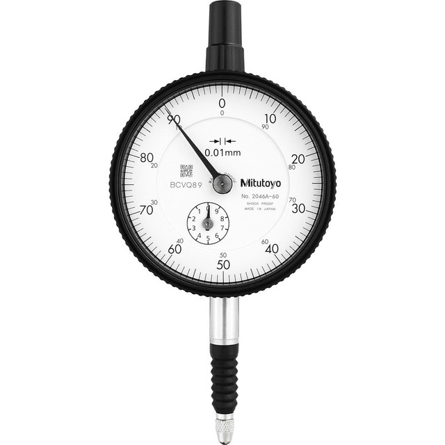 Mitutoyo 2046A-60 Dial Test Indicators; Minimum Measurement (mm): 0 ; Maximum Measurement (mm): 10 ; Accuracy (micro m): +/-0.013 ; Indicator Style: Vertical ; Bearing Type: Plain ; Dial Graduation (mm): 0.0100