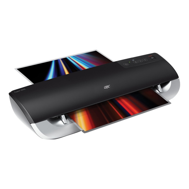 Super easy for anyone to use, the Fusion 3000L 12in Laminator delivers high quality results. A perfect laminating machine for office use  Warms-up in only 1 minute.  Laminating speed of 19in per minute.  Intelligent Jam Alert System beeps until button is pressed to release jammed pouch.  Maximum document width of 12in.  Use with 3 and 5 mil thermal pouches.  Cold setting available for smooth lamination results with pressure sensitive pouches.  Green ready light and audible ready alert indicate when warm-up is complete.  Intelligent Auto Power Off after 30 minutes of inactivity conserves energy.