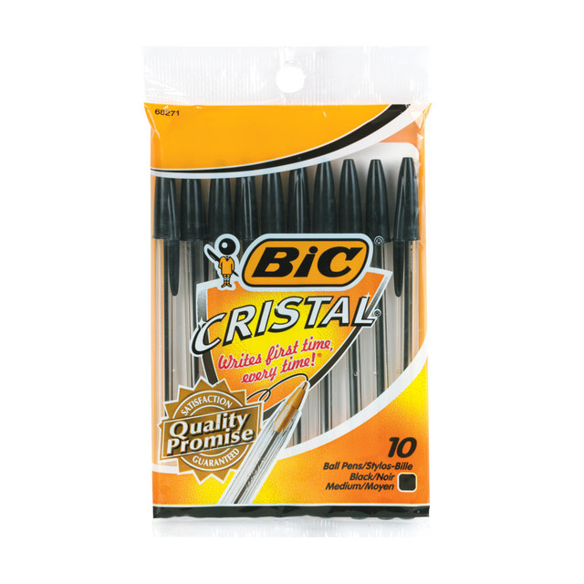 BIC CORP BIC MSP101-BLK  Cristal Ball Pens, Medium Point, Translucent Barrel, Black Ink, Pack Of 10 Pens