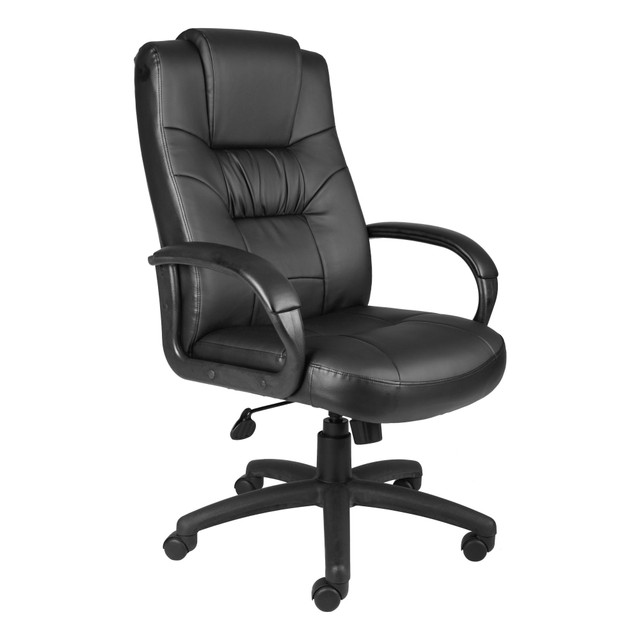 The ergonomic high-back chair keeps you comfortable as you work. The lumbar feature supports your lower back. Complements the curve of your spine for extra comfort and support.  Overall Dimensions: 43 1/2 to 47inH x 27inW x 28 1/2inD.  Lumbar feature supports your lower back. Complements the curve of your spine for extra comfort and support.  Waterfall seat cushion slopes slightly downward to help reduce stress on your legs.  Upholstered in black leather for a stylish look and a comfortable surface. Steel and wood frame provides a durable foundation.  Pneumatic gas lift helps you find your ideal sitting position.  Tilt adjustment with tilt tension control lets you find your favorite sitting angle. Lock the tilt in at a desired angle.  Padded arm rests allow you to remain in a natural position as you perform tasks.  Assembly required.  Tested to meet ANSI/BIFMA Performance Standards - Manufacturer testing has been conducted on this product to meet specific performance requirements and safety standards set forth by the American National Standards Institute (ANSI) and the Business and Institutional Furniture Manufacturers.