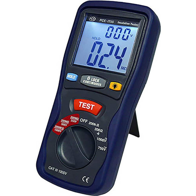 PCE Instruments PCE-IT55 Electrical Insulation Resistance Testers & Megohmmeters; Display Type: Digital LCD ; Power Supply: Battery Operated Megohmmeters ; Resistance Capacity (Megohm): 2000 ; Maximum Test Voltage: 1000V ; Amperage: 200.0000 ; Overal