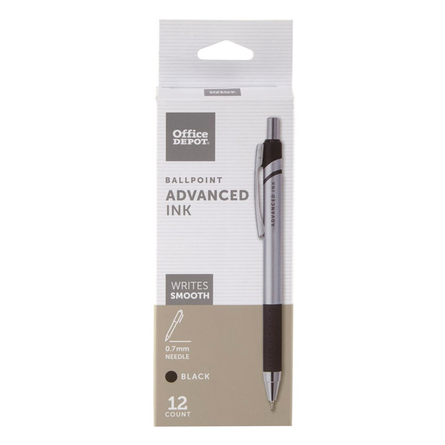 OFFICE DEPOT 20123 Brand Advanced Ink Retractable Ballpoint Pens, Needle Point, 0.7 mm, Silver Barrel, Black Ink, Pack Of 12 OFFICE DEPOT 20123 Brand Advanced Ink Retractable Ballpoint Pens, Needle Point, 0.7 mm, Silver Barrel, Black Ink, Pack Of 12