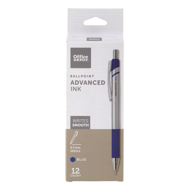 OFFICE DEPOT 20124  Brand Advanced Ink Retractable Ballpoint Pens, Needle Point, 0.7 mm, Silver Barrel, Blue Ink, Pack Of 12