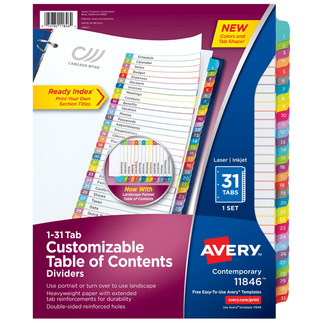 AVERY PRODUCTS CORPORATION 11846 Avery Ready Index 1-31 Tab With Customizable Table Of Contents Binder Dividers, 8-1/2in x 11in, 31 Tab, White/Multicolor, 1 Set AVERY PRODUCTS CORPORATION 11846 Avery Ready Index 1-31 Tab With Customizable Table Of Contents Binder Dividers, 8-1/2in x 11in, 31 Tab, White/Multicolor, 1 Set