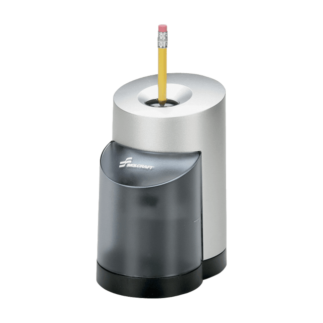 Great for large or small office use  Heavy-duty, anti-rust helical blades. Made of hardened carbon steel.  Engineering-grade plastic casing.  Contemporary vertical design with nonskid rubber feet. Saves desk space and allows for hands-free operation.  See-through shavings receptacle cup. Makes it easier to tell when the sharpener needs to be emptied.  Built-in safety guard. Prevents operation while the shaving tray is removed.  Automatic pencil stop. Helps prevent over-sharpening and extends pencil life.  Thermal shutoff switch. Shuts down the motor to prevent overheating.