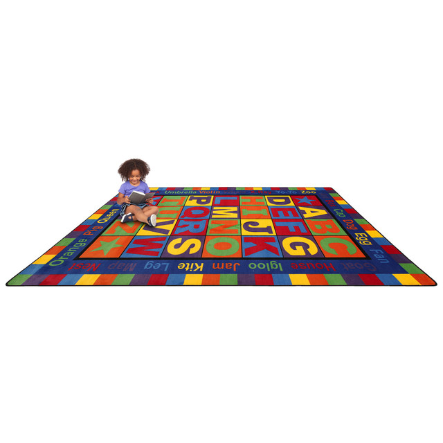 Bright, cheerful letters can make it fun for kids to learn the basics of the alphabet. This area rug provides a soft, comfortable place for young children to crawl, run and play while promoting increased letter recognition.  Sturdy nylon construction can endure the constant wear and tear of playful children.  Vividly colored letters of the alphabet are surrounded by words representing each letter, helping young learners begin to associate letters with sounds.  Vacuum or dry clean for easy maintenance.  Backed by the manufacturers 90-day limited warranty.  This product is heavy and/or oversized and may need more than one person to handle.