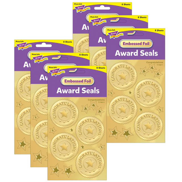 EDUCATORS RESOURCE Trend T-74011-6  Award Seal Stickers, Congratulations Gold, 32 Stickers Per Pack, Set Of 6 Packs
