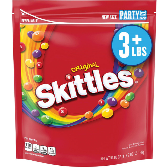 WM. WRIGLEY JR. COMPANY 28092 Skittles Original Party Size Bag - Orange, Lemon, Green Apple, Grape, Strawberry - Resealable Container - 3 lb - 1 Each WM. WRIGLEY JR. COMPANY 28092 Skittles Original Party Size Bag - Orange, Lemon, Green Apple, Grape, Strawberry - Resealable Container - 3 lb - 1 Each