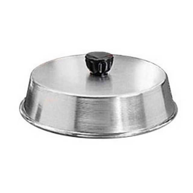 Utilize the 10in basting cover from American Metalcraft in your restaurant or home kitchen. The sturdy aluminum construction is designed to last through multiple uses.  10in inner diameter.  Round cover.  Durable aluminum construction.  Shipped unassembled with the bakelite knob in a separate bag.  This product is heavy and/or oversized and may need more than one person to handle.