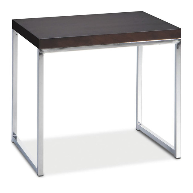 Add this luxurious-looking table to your waiting area to offer space for magazines, writing utensils, beverages and more. The table features a strong melamine surface and a heavy-duty steel frame, so it is sure to last for years.  Melamine tabletop offers a durable surface and a beautiful style.  Steel frame provides lasting strength and stability.  Assembly required.  Features a durable wood veneer top with a contemporary espresso finish.  Chrome base and legs add long-lasting durability. Includes a slick chrome base and legs for a stable foundation that smartly complements the espresso upholstery and tabletops.
