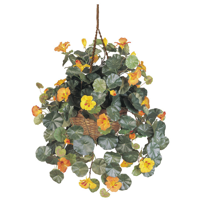 NEARLY NATURAL INC. Nearly Natural 6025  22inH Silk Nasturtium With Hanging Basket, Gold