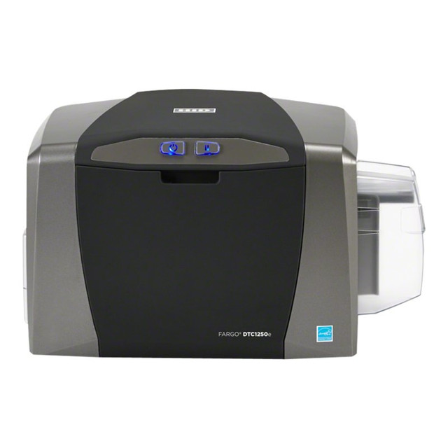 This color card printer from Fargo is ideal for small businesses, schools and local governments. Thanks to its ultra-fast speeds, you can print full-color (or black and white) cards and credentials 50% faster than with other models.  This single sided dye-sublimation color card printer card printer lets you get cards of professional quality.  Print crisp and clear documents in either black or color.  This compact unit is designed to deliver long-lasting performance with reliability and efficiency.  Dye-sublimation technology uses heat to transfer ink to paper, reproducing approximately 16.8 million colors.  White DTC1250e desktop printer.  ENERGY STAR certified - meets federal guidelines for energy efficiency.  Energy efficient - designed to use less energy than alternative products, potentially helping you save money and reduce your carbon footprint.